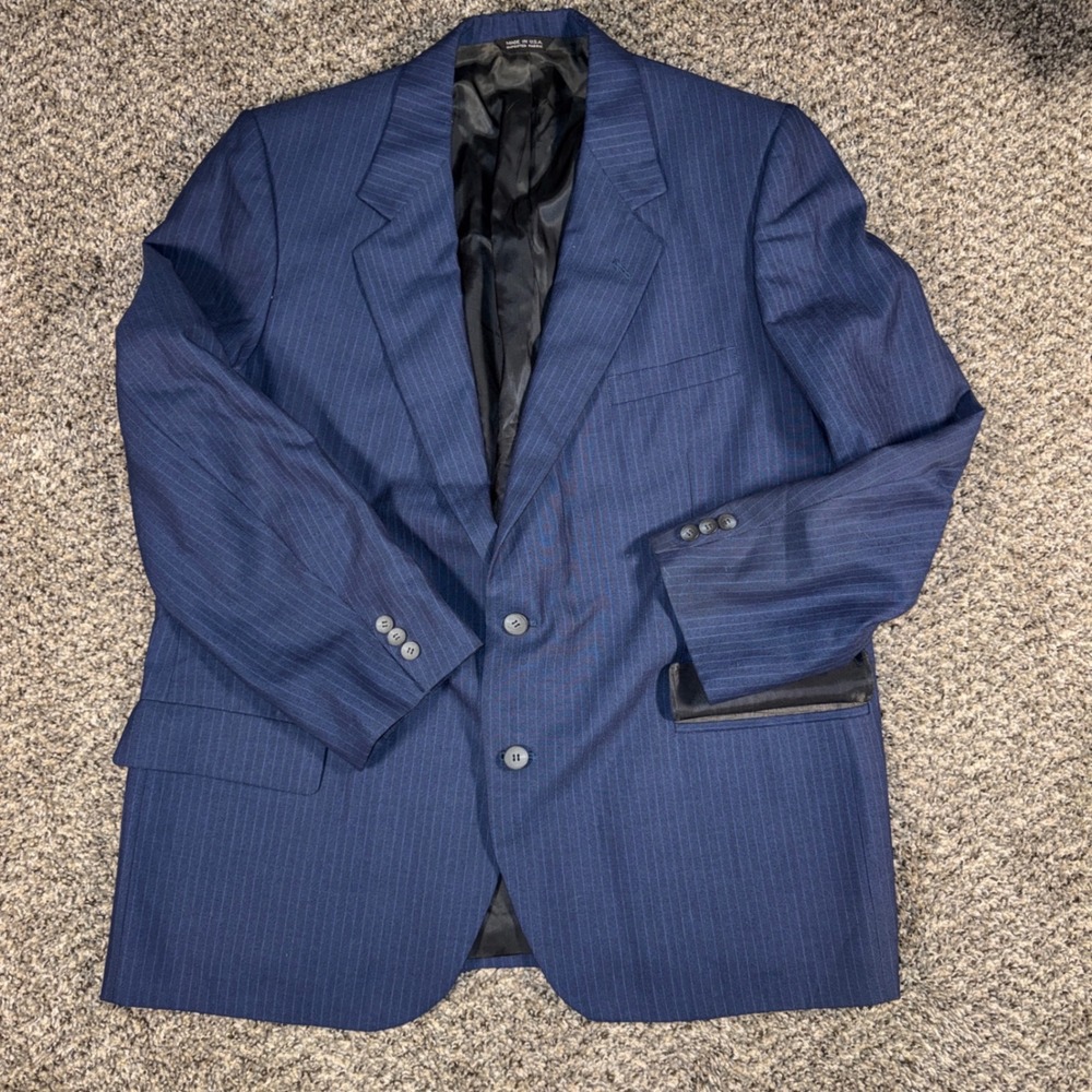 Vintage Lanvin Paris 46R Navy Blue Pinstripe Wool‎ Blazer Jacket